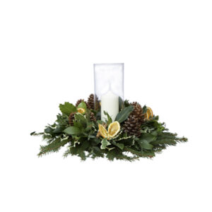 hurricane vase and foliage ring Christmas flower delivery Sheffield