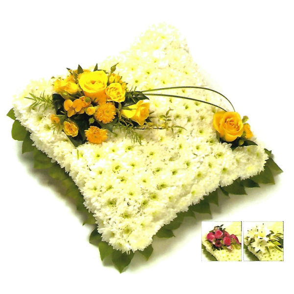 funeral flowers Sheffield Solid White Cushion with Coloured Spray